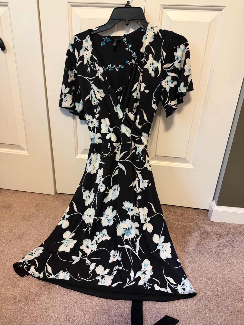 White House Black Market Reversible Floral Wrap Dress in Black, Blue and White